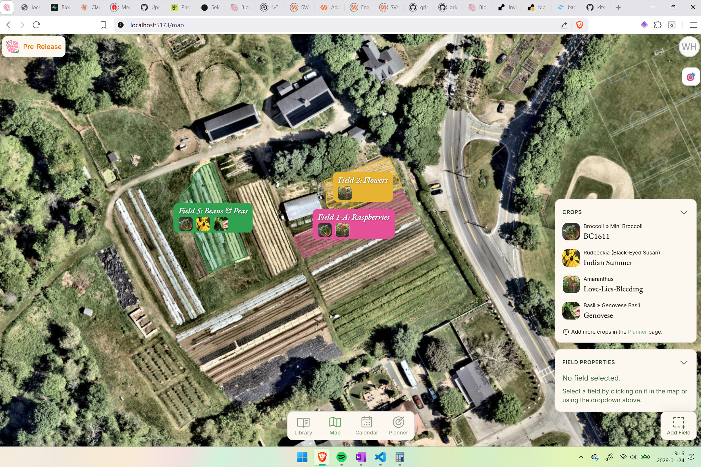 The Map page provides what other crop planners don't: A spatial awareness of where crops will be grown. Fields can be drawn and created in seconds with an intuitive painting-like workflow. Schema for fields, beds, crops, and other features inherit from a single Feature object, which borrows from the GeoJSON format. Features are cached on device.