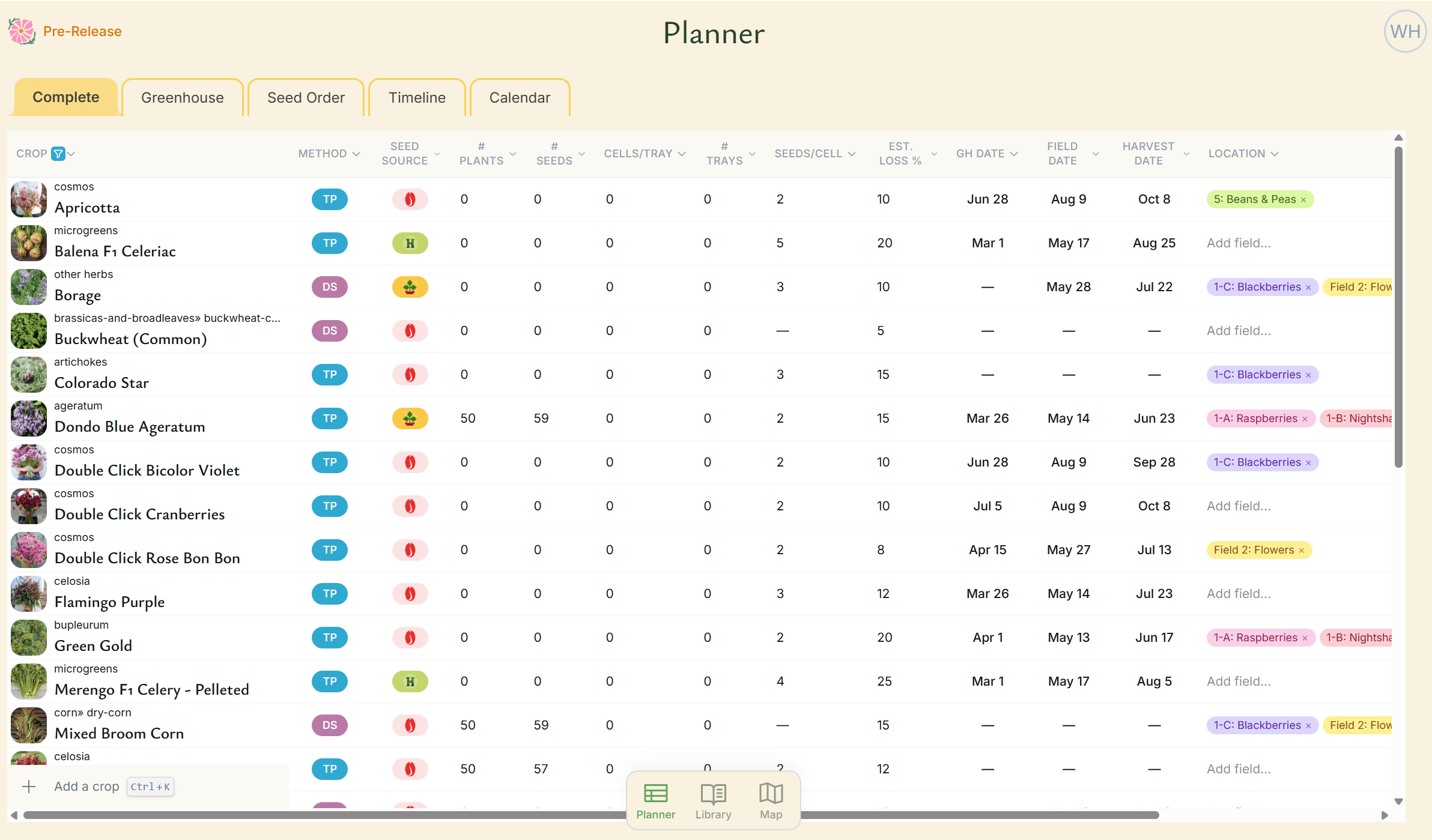 The Planner is a smarter alternative to spreadsheets. It features sortable, searchable columns, validation, pre-built formulas, and autofill backed by a powerful crop model. Most data, including ideal dates, is suggested automatically by the software.