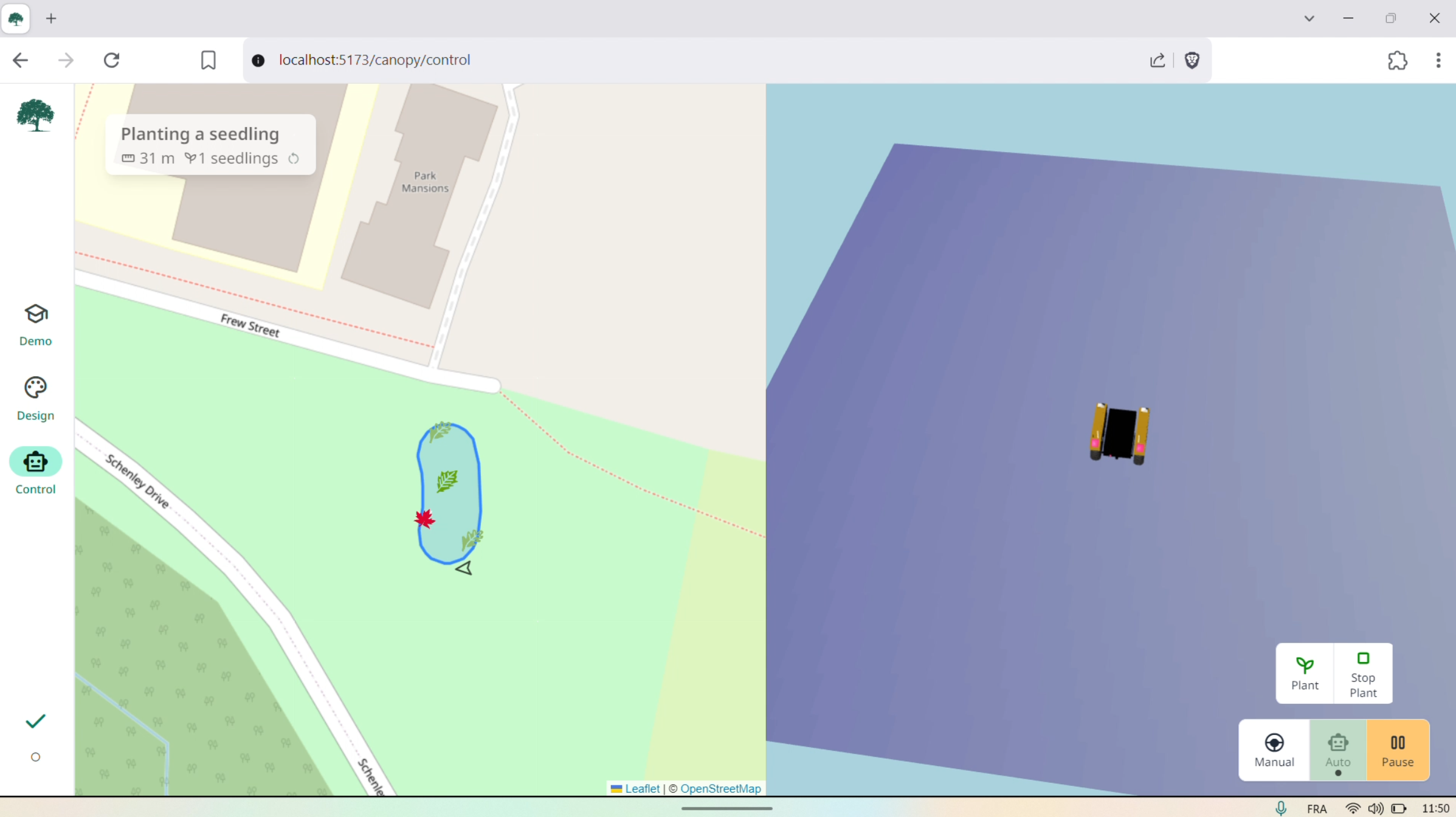 Canopy's robot control section includes a global map and a local 3D view of the robot, including the navigation system's costmap and trajectory. The green checkmark shows that all diagnostic checks have passed. The dot below the check flashes to indicate that the telemetry is live. Depicted is the first reforestation robot that I helped develop, Steward.