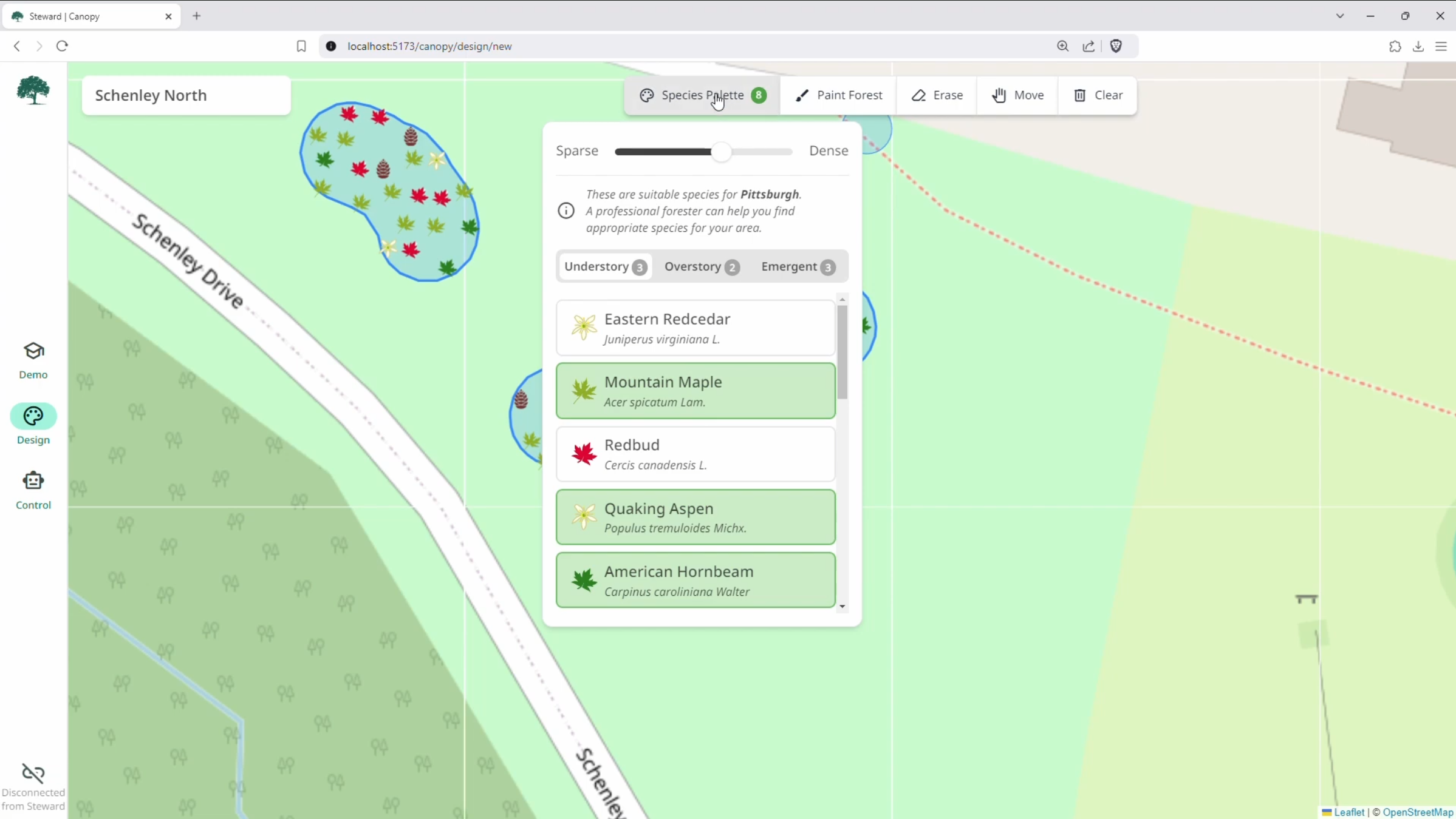 Canopy is a full-stack forest planner. Users select the trees they'd like to plant-- guided by climate-appropriate recommendations-- and simply paint them onto the map. The precise species mix and distribution is determined by an RL policy that I developed in the backend and trained on a forest growth model, with near-instant inference times. Planning a forest is as simple as finger painting.