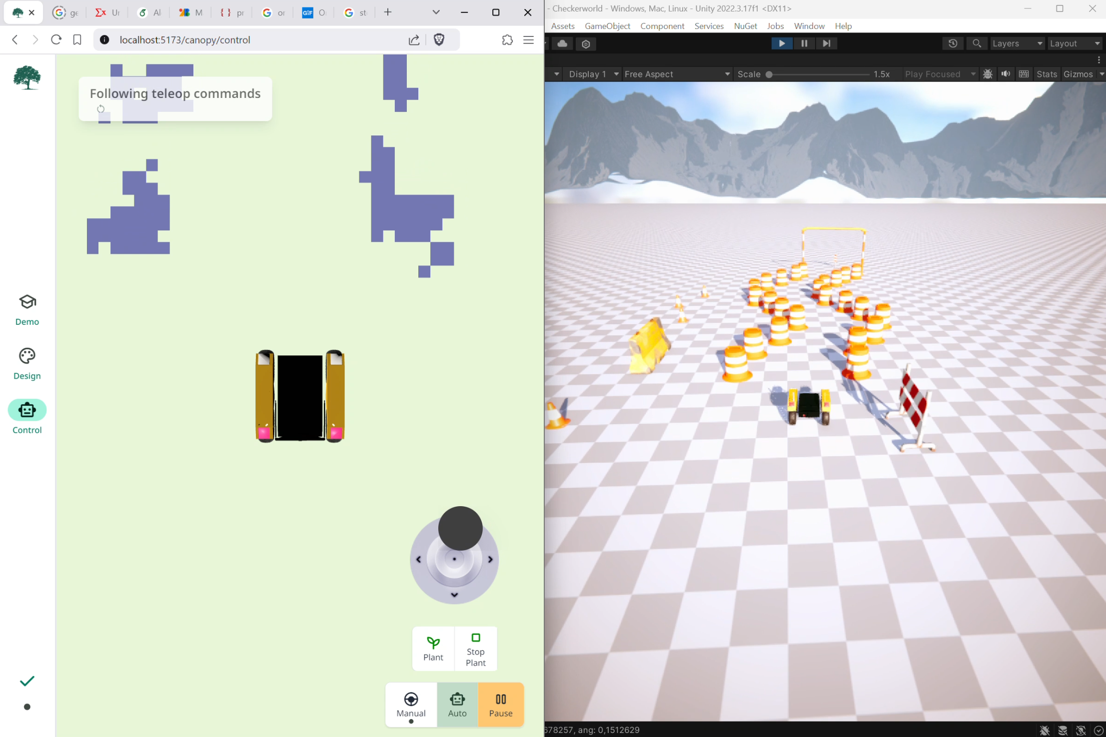 Early tests with my custom-built full-stack control dashboard (left) and my custom-built, Unity-based simulator (right).