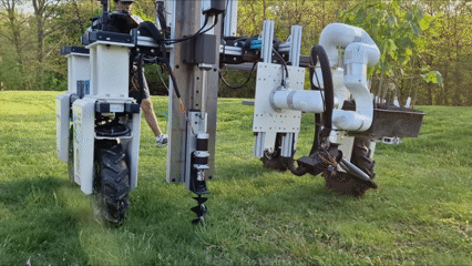 Our second reforestation robot, Johnny, drills a hole and plants a seed using an xArm with a custom, low-cost dual end effector that I designed. The planting sequence is guided by an FSM. The drilled hole is aligned with the grasper using an eye-in-hand stereo camera