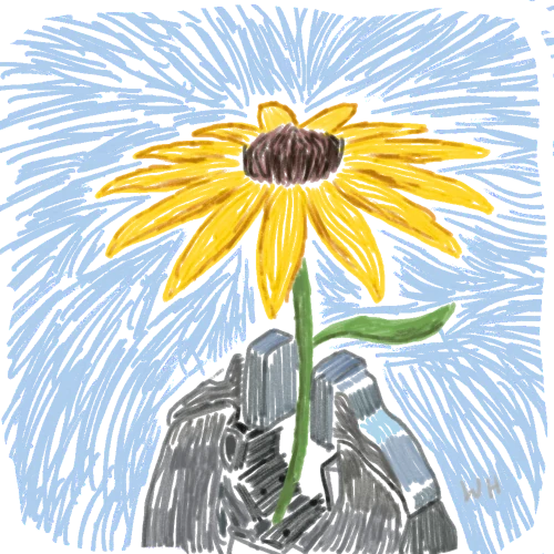 A sketch of a robot hand holding a yellow flower.
